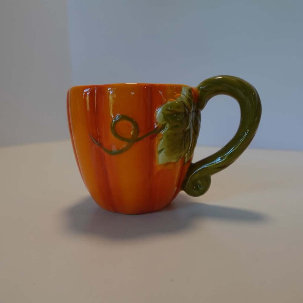 Ceramic Pumpkin Mug with Green Vine Handle Fall Autumn Halloween Decor